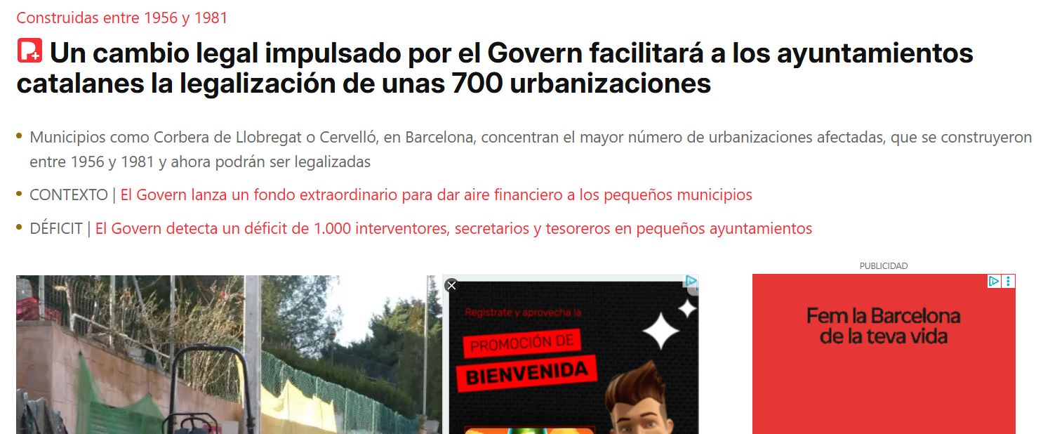 Noticia de El Periódico sobre la legalización de urbanizaciones en Corbera